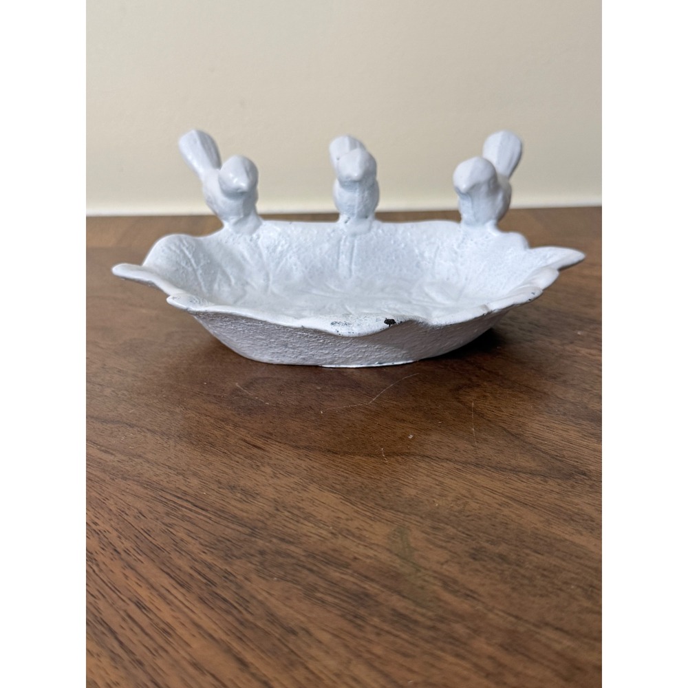 White Cast Iron Bird Leaf Dish Decorative Trinket Bowl Farmhouse Decor